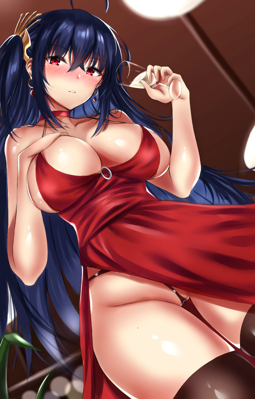 1girl, ahoge, azur_lane, bangs, bare_shoulders, black_hair, blush, breasts