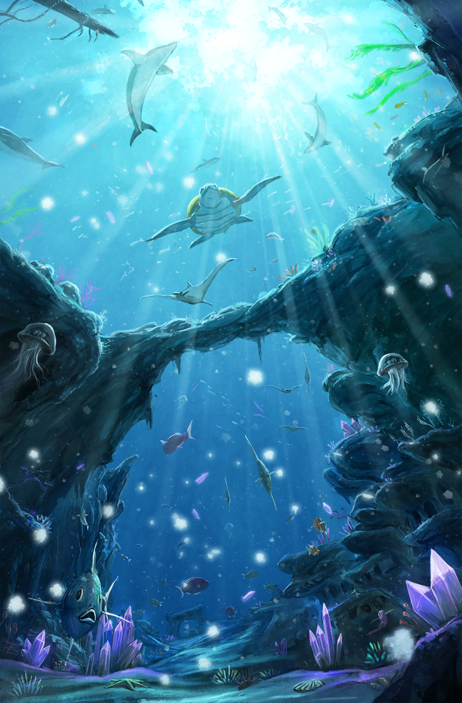 angelfish, clam, crystal, day, dolphin, fish, highres, jellyfish