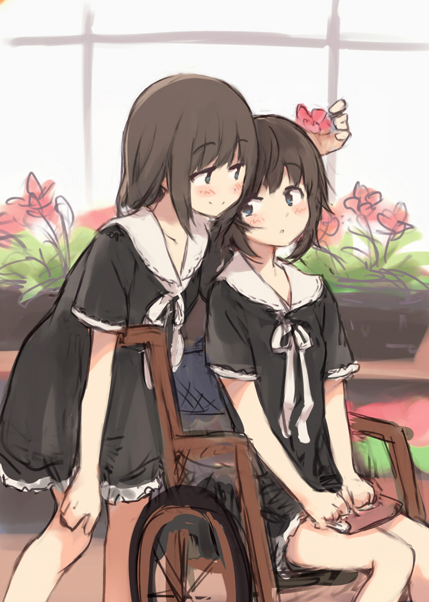2girls, bangs, black_dress, blue_eyes, blush, book, book_on_lap, brown_hair