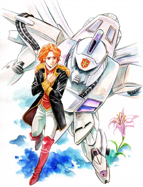 cecily_fairchild, flower, gundam, gundam_f91, jacket, mecha, orange_hair, short_hair