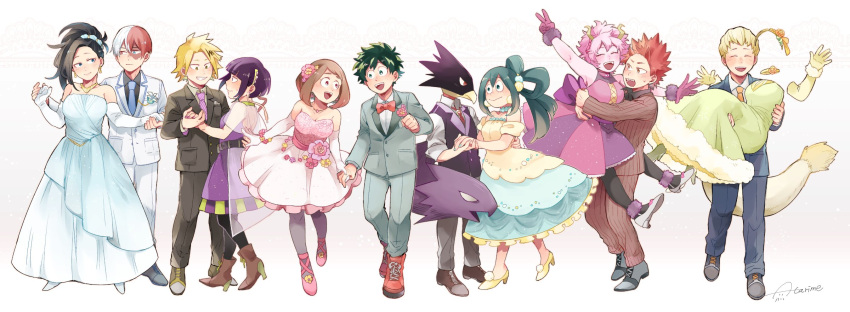 6+boys, 6+girls, :d, ashido_mina, asui_tsuyu, atarime, bird, black_hair, black_legwear, blonde_hair, blue_dress, blue_eyes, blue_neckwear, blush, boku_no_hero_academia, bolo_tie, boots, bow, bowtie, breasts, brown_eyes, brown_hair, carrying, choker, cleavage, closed_eyes, collarbone, commentary_request, couple, dancing, dress, earrings, elbow_gloves, flower, formal, freckles, fur-trimmed_dress, gloves, green_eyes, green_hair, green_nails, hagakure_tooru, hair_bobbles, hair_flower, hair_ornament, hair_rings, hairband, hand_holding, high_heel_boots, high_heels, highres, horns, hug, invisible, jewelry, jirou_kyouka, kaminari_denki, kirishima_eijirou, large_breasts, long_hair, midoriya_izuku, multicolored_hair, multiple_boys, multiple_girls, nail_polish, necklace, necktie, ojiro_mashirao, open_mouth, pantyhose, pink_dress, pink_hair, pink_skin, pinstripe_suit, princess_carry, purple_dress, purple_gloves, purple_hair, purple_legwear, red_eyes, red_footwear, red_neckwear, redhead, sharp_teeth, short_hair, smile, strapless, strapless_dress, striped, striped_neckwear, suit, sweatdrop, tail, teeth, tied_hair, todoroki_shouto, tokoyami_fumikage, two-tone_dress, two-tone_hair, uraraka_ochako, v, white_gloves, white_hair, white_suit, yaoyorozu_momo, yellow_dress