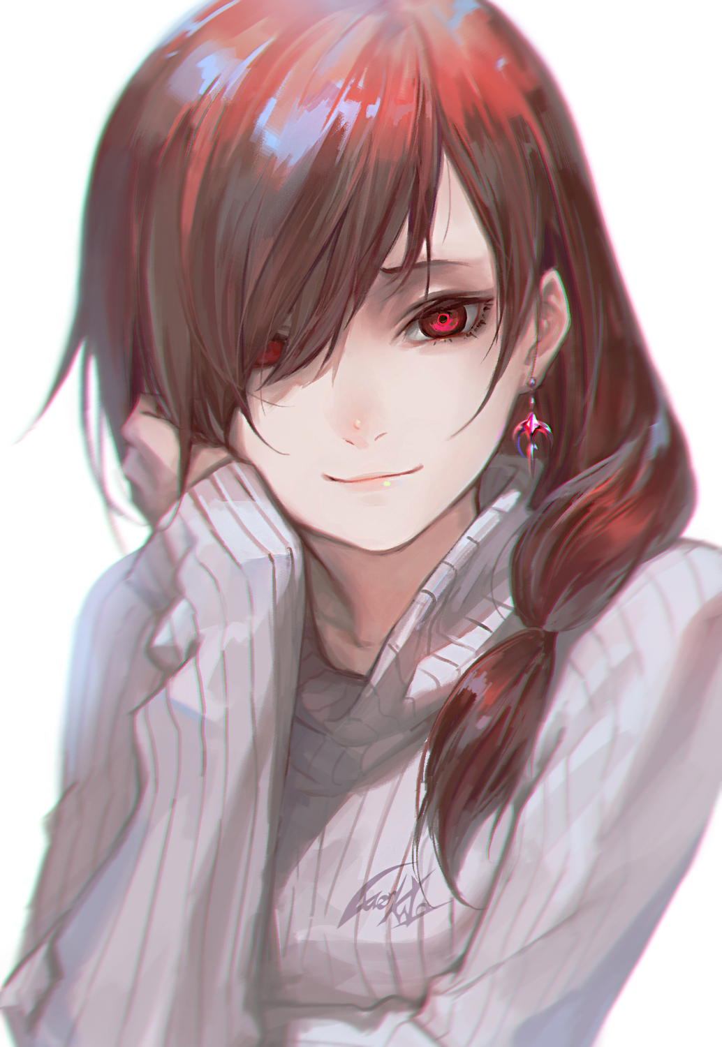 1girl, artist_name, brown_hair, chin_rest, earrings, hair_over_one_eye, highres, jewelry