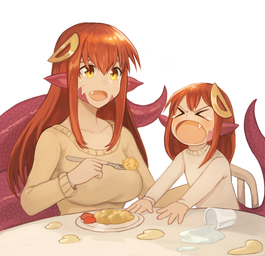 2girls, collarbone, commentary, commission, cup, english_commentary, food, fork