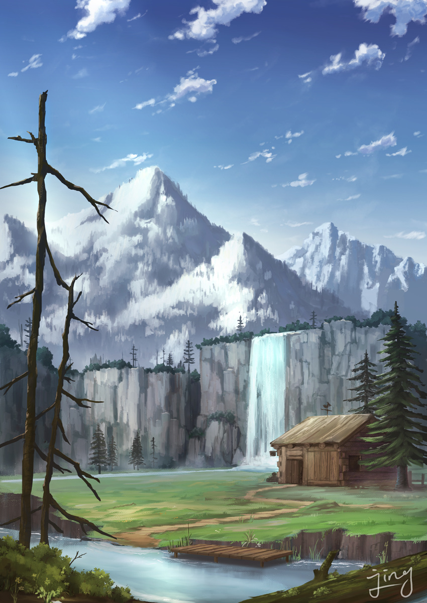 artist_name, bare_tree, blue_sky, building, bush, cliff, clouds, commentary_request, day, forest, grass, highres, house, jing_(jiunn1985matw), log, mountain, nature, no_humans, original, outdoors, path, pier, plant, river, road, scenery, signature, sky, tree, water, waterfall