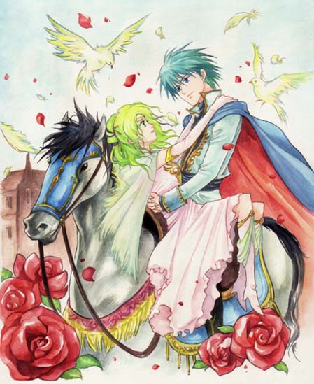 1girl, agahari, bird, birds, cape, couple, dress, ephraim