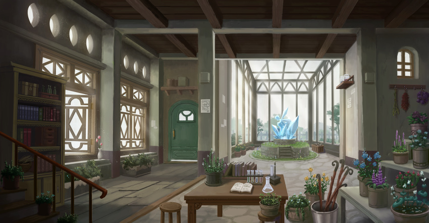 blue_flower, book, bookshelf, bottle, cane, chair, commentary_request, crystal