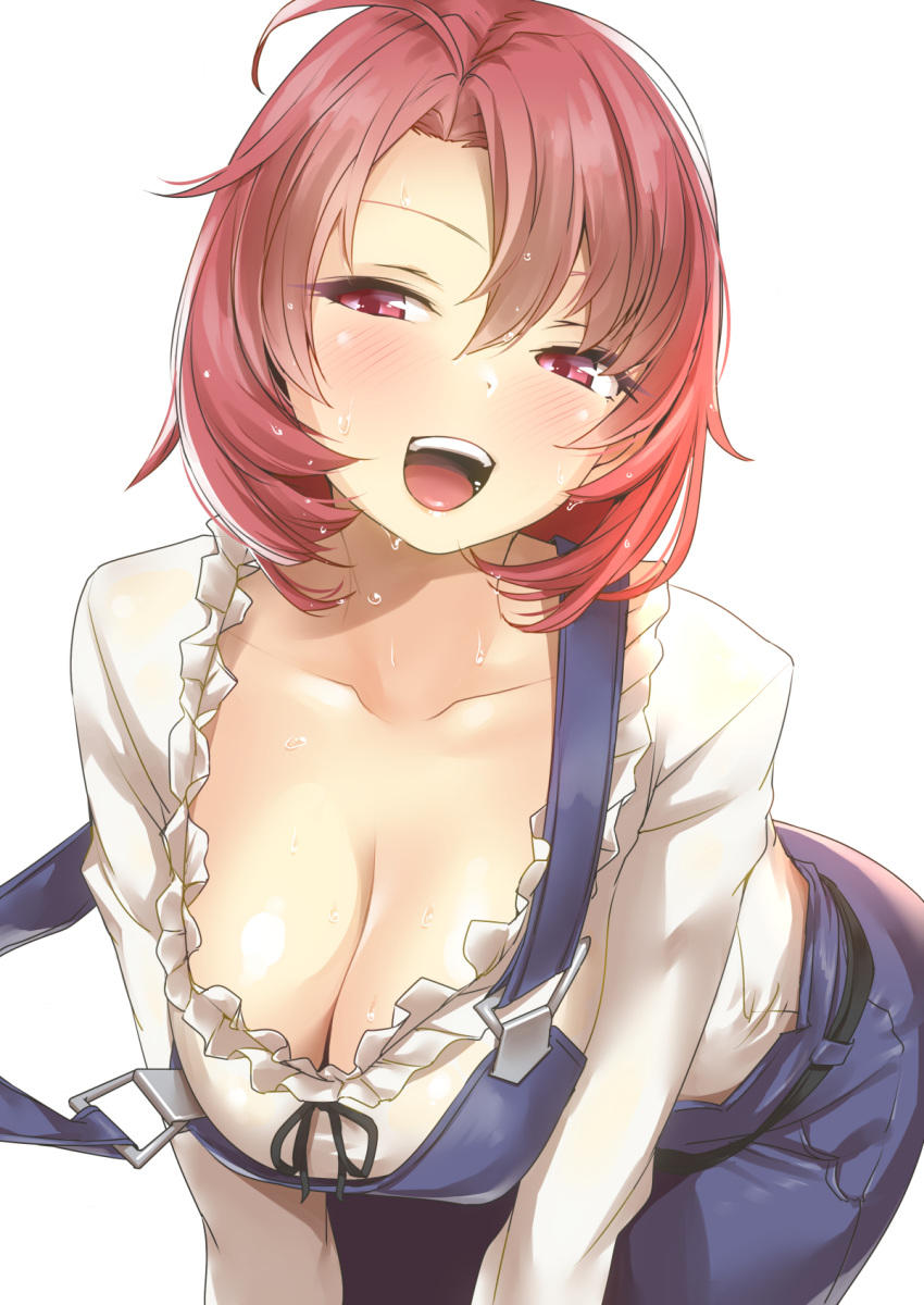 1girl, :d, ahoge, bangs, bending_forward, blouse, blush, breasts