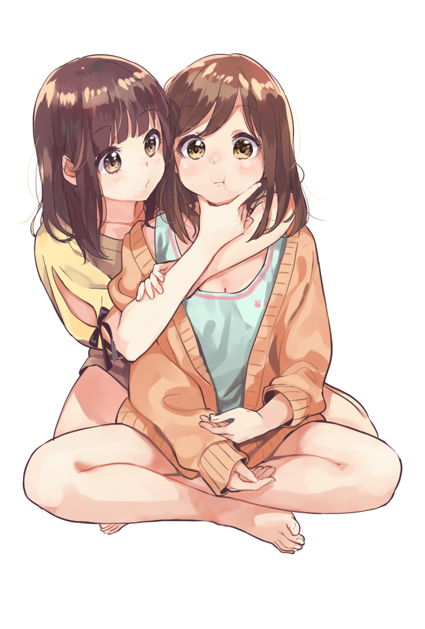 2girls, :t, bangs, bare_legs, barefoot, black_bow, blue_shirt, blush, borrowed_character, bow, brown_eyes, brown_hair, brown_jacket, closed_mouth, commentary_request, eyebrows_visible_through_hair, fingernails, highres, jacket, legs_crossed, long_hair, long_sleeves, menhera, multiple_girls, open_clothes, open_jacket, original, pomu, puffy_short_sleeves, puffy_sleeves, shirt, short_sleeves, simple_background, sitting, sleeves_past_wrists, toenails, white_background, yellow_shirt