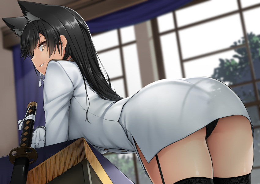 1girl, animal_ears, atago_(azur_lane), azur_lane, bangs, bending_forward, black_hair, black_legwear