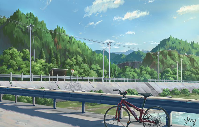 artist_name, bicycle, blue_sky, bus_stop, bush, clouds, commentary, day