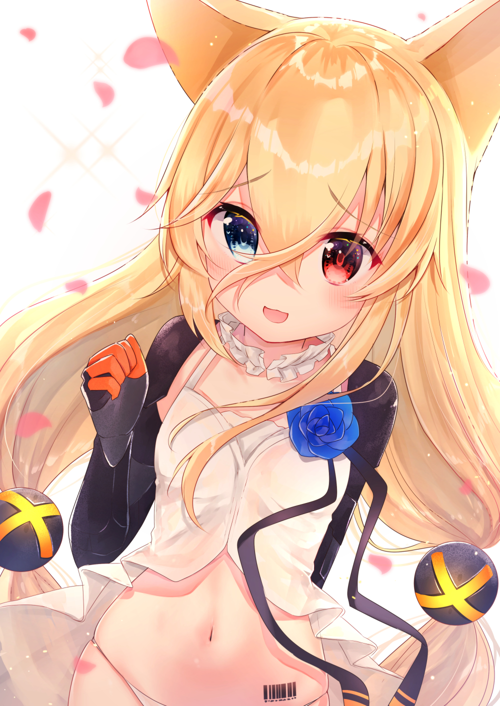 1girl, :d, babydoll, bangs, barcode_tattoo, blonde_hair, blue_eyes, blue_flower