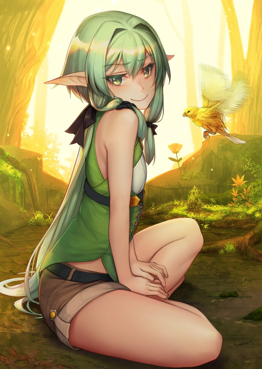 1girl, bare_arms, bird, black_bow, black_ribbon, bow, elf, flower