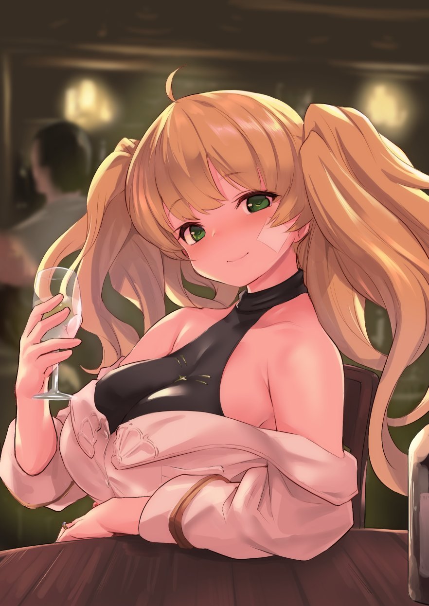 1boy, 1girl, bandaid, bandaid_on_face, bangs, bare_shoulders, blonde_hair, blurry