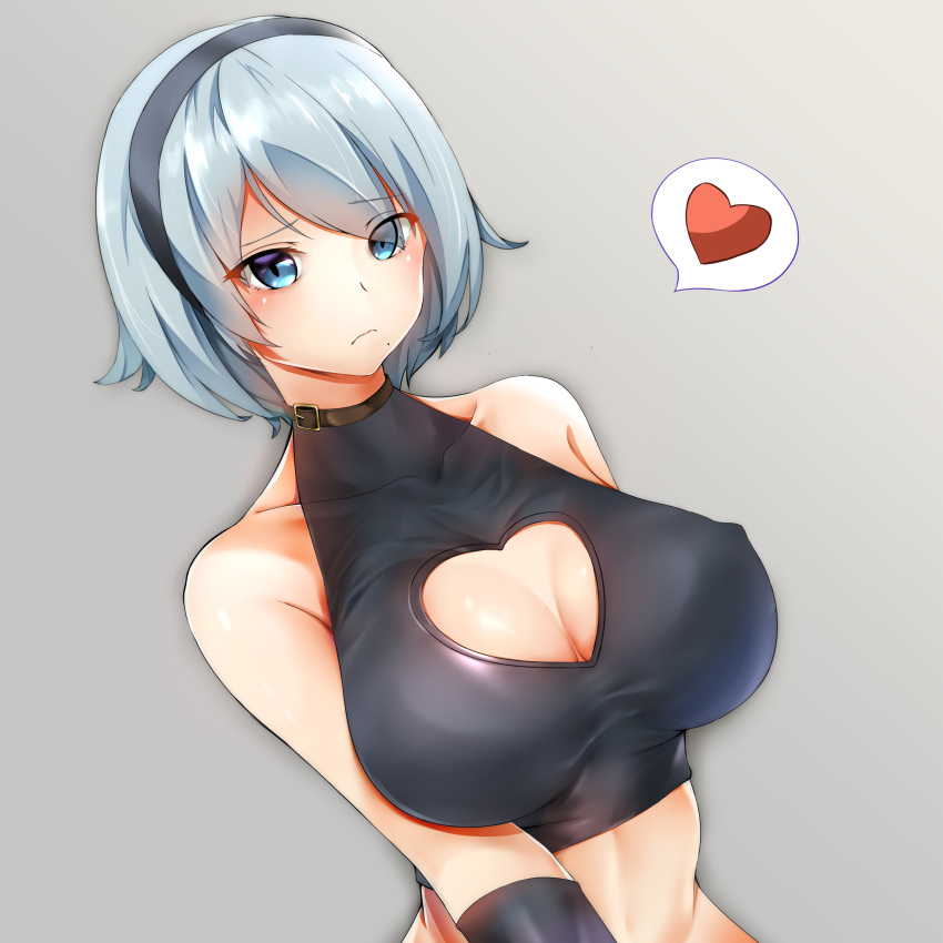 absurdres, arm_behind_back, bangs, bare_shoulders, black_gloves, blue_eyes, blush, breasts
