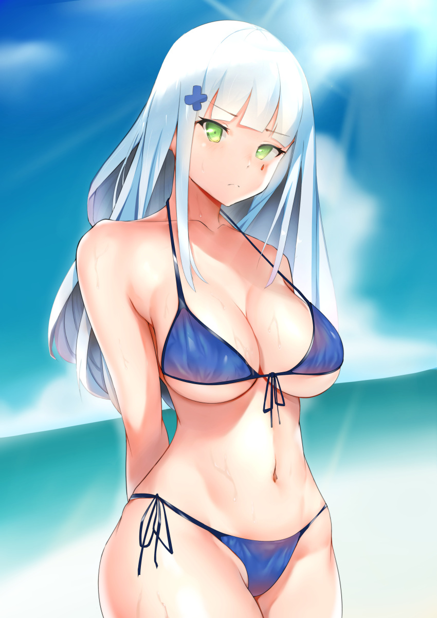 1girl, absurdres, arms_behind_back, bangs, bikini, bikini_top, blue_bikini, blue_sky