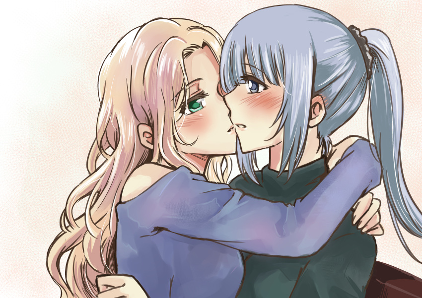 2girls, absurdres, bangs, bare_shoulders, blonde_hair, blush, ear_blush, eyebrows_visible_through_hair