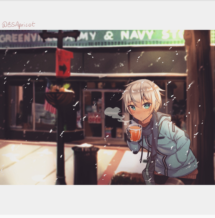 1girl, artist_name, bag, black_legwear, blue_scarf, blush, closed_mouth, coat