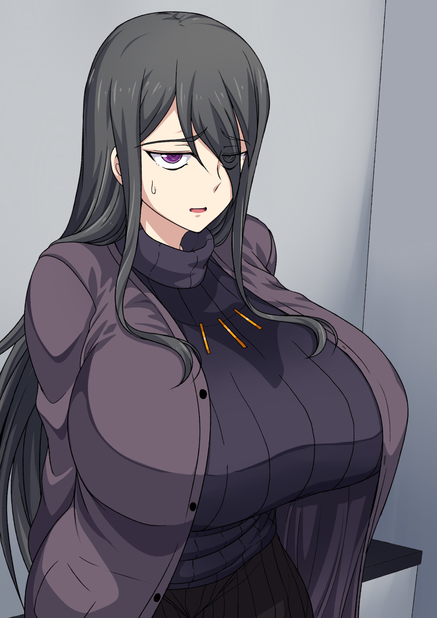 1girl, absurdres, bangs, black_hair, breasts, eyebrows_visible_through_hair, eyes_visible_through_hair, hair_over_breasts, highres, huge_breasts, jacket, long_hair, open_clothes, open_jacket, open_mouth, original, solo, standing, sweatdrop, sweater, turtleneck, turtleneck_sweater, violet_eyes, zasshu_nigou