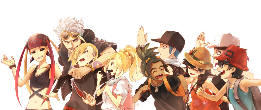 4girls, 5boys, absurdres, arm_around_neck, artist_name, backpack, bag, bandanna, baseball_cap, black_hair, blonde_hair, blue_hair, braid, brown_eyes, brown_hair, closed_eyes, collarbone, creatures_(company), eyeshadow, flower, game_freak, gladio_(pokemon), guzma_(pokemon), halter_top, halterneck, happy, hat, hat_flower, hau_(pokemon), high_ponytail, highres, hood, hoodie, lillie_(pokemon), lipstick, looking_back, makeup, mario_(2669431), midriff, mizuki_(pokemon), multicolored_hair, multiple_boys, multiple_girls, navel, nintendo, open_mouth, pink_eyes, pink_hair, plumeria_(pokemon), pokemon, pokemon_(game), pokemon_usum, ponytail, profile, punk_girl_(pokemon), punk_guy_(pokemon), quad_tails, running, shirt, sleeveless, sleeveless_shirt, smile, straw_hat, sun_hat, sunglasses, surprised, sweatdrop, tattoo, twin_braids, upper_body, walking, watch, watch, white_background, white_hair, you_(pokemon)