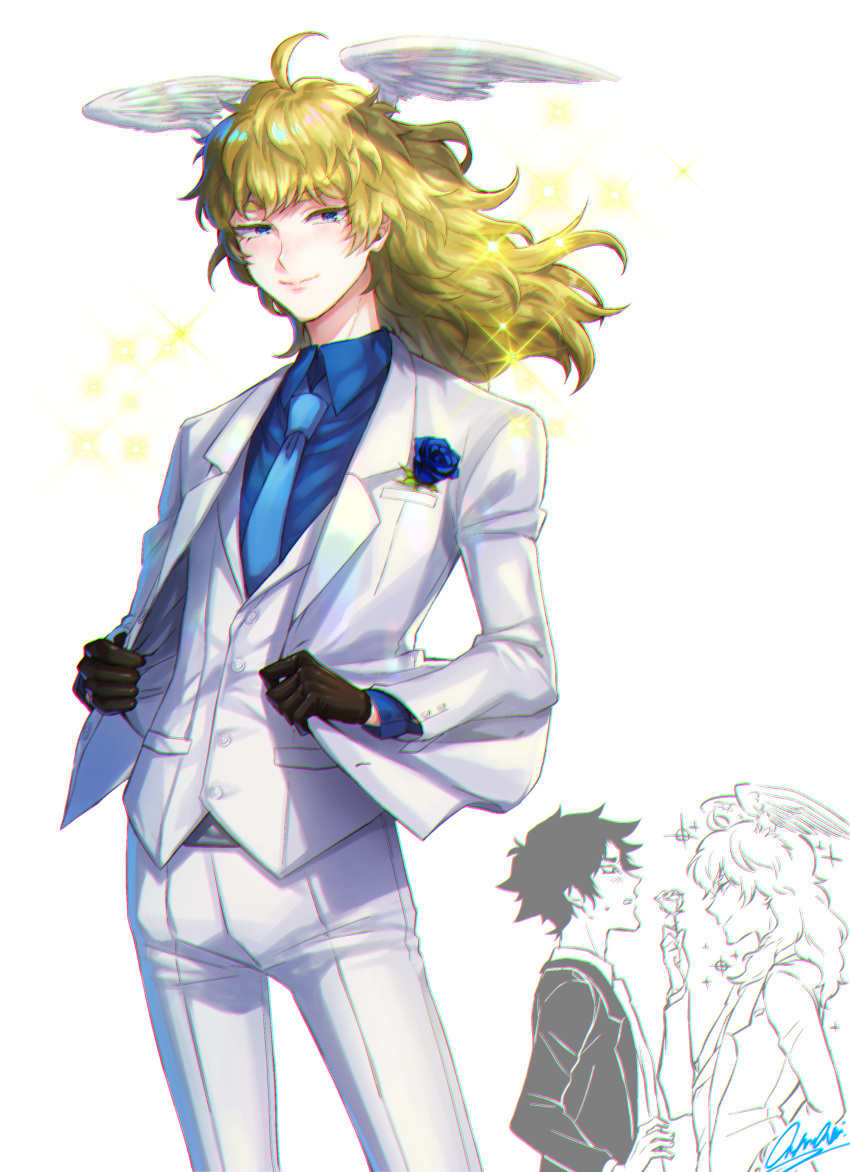 2boys, absurdres, ahoge, amamfoy, asuka_ryou, black_gloves, black_hair, blonde_hair
