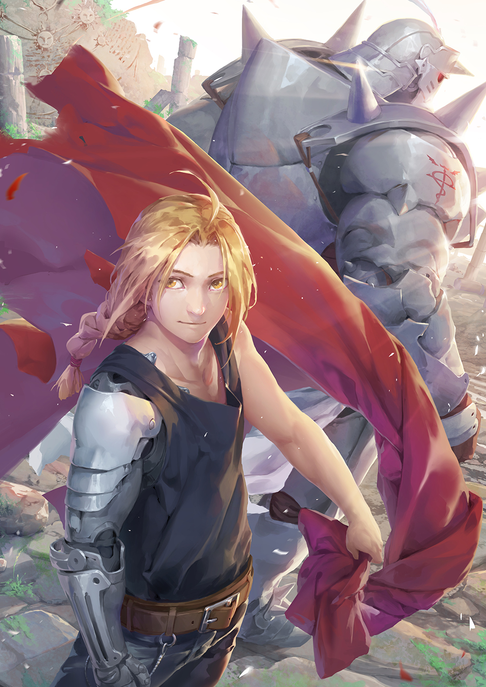 2boys, ahoge, alphonse_elric, armor, automail, baraba_baba, belt, blonde_hair