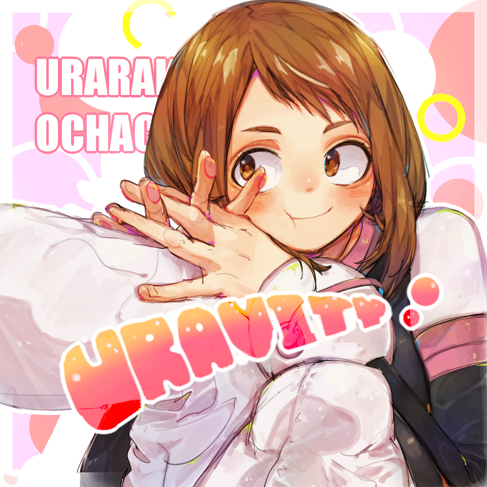 1girl, blush, blush_stickers, boku_no_hero_academia, brown_eyes, brown_hair, character_name, commentary_request, grin, kumagu, looking_at_viewer, short_hair, smile, solo, uraraka_ochako