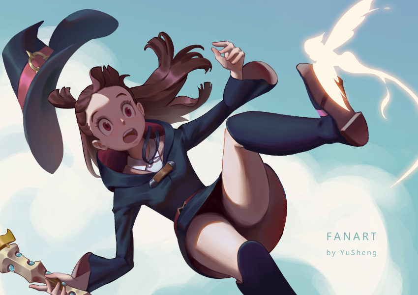 1girl, absurdres, artist_name, blue_sky, boots, brown_hair, falling, hat