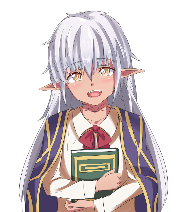 androgynous, blush, book, dark_elf, dark_skin, dark_skinned_male, elf, fang