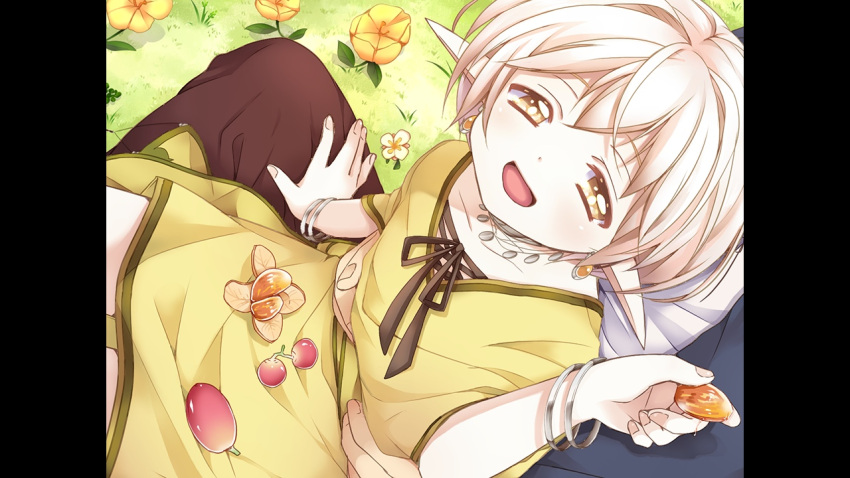2boys, androgynous, bracelet, elf, food, fruit, game_cg, hinata_no_tsuki