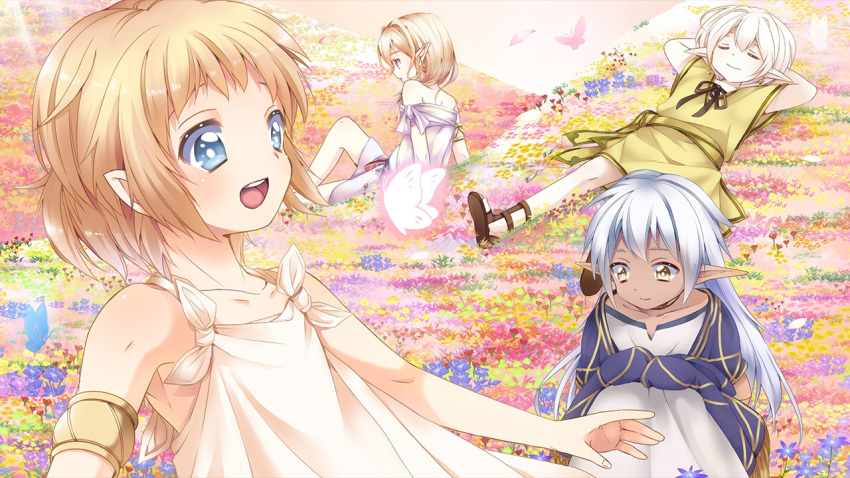 4boys, androgynous, bare_shoulders, blonde_hair, blush, bug, butterfly, dark_elf