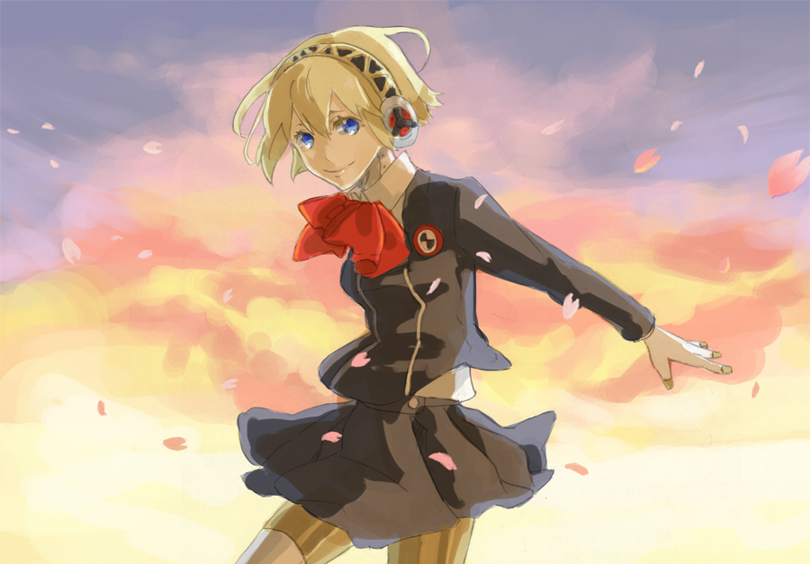 android, blonde_hair, blue_eyes, persona, persona_3, robot_girl, school_uniform, short_hair