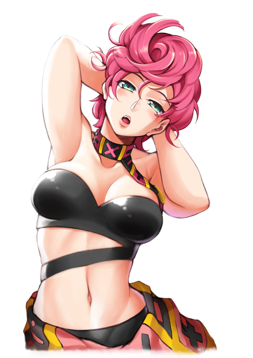 1girl, absurdres, armpits, arms_behind_head, arms_up, breasts, cleavage, green_eyes