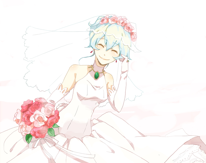 blue_hair, bouquet, bouquets, bridal_veil, bride, dress, earrings, flower, gloves, happy, jewelry, nia_teppelin, ring, smile, tengen_toppa_gurren_lagann, vail, veil, wedding_dress, yoshi_92