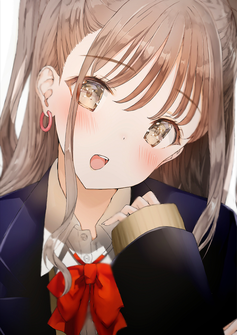 1girl, bangs, blazer, blurry, blush, brown_eyes, brown_hair, cardigan