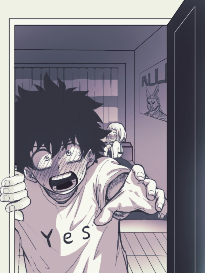 1boy, 1girl, all_might, bed, blush, boku_no_hero_academia, bra, full-face_blush