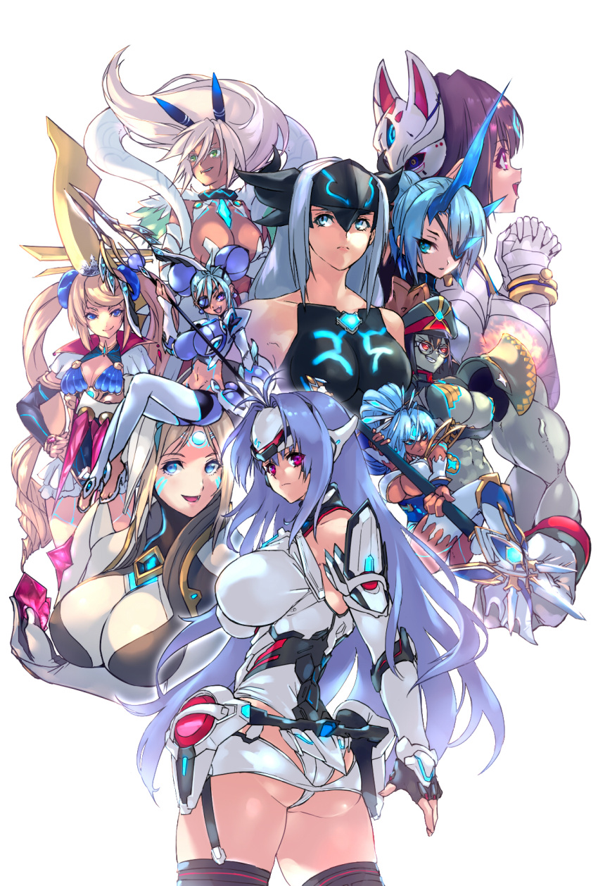 android, animal_ears, armor, ass, bare_shoulders, black_hair, blonde_hair, blue_eyes