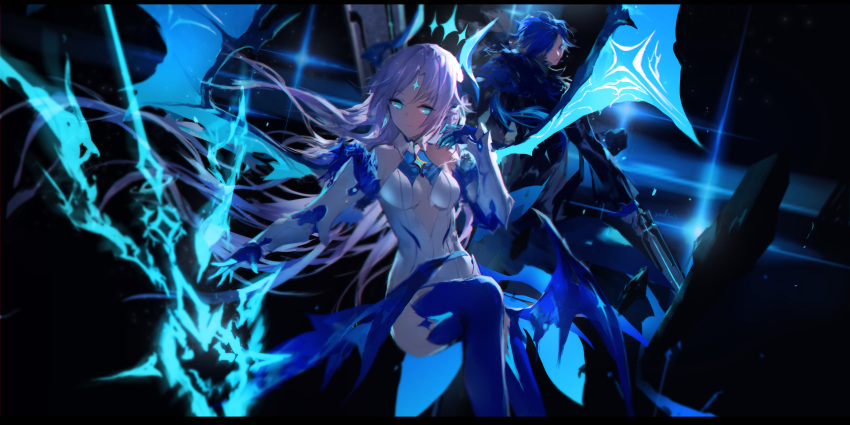 1boy, 1girl, absurdres, arm_guards, artist_name, bangs, bare_shoulders, black_coat