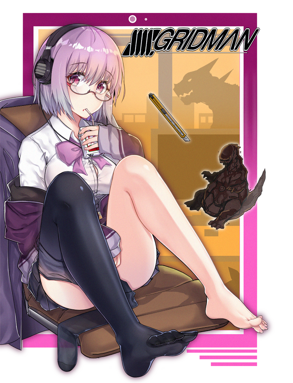 1girl, bangs, bare_legs, barefoot, between_legs, black_legwear, black_skirt, border
