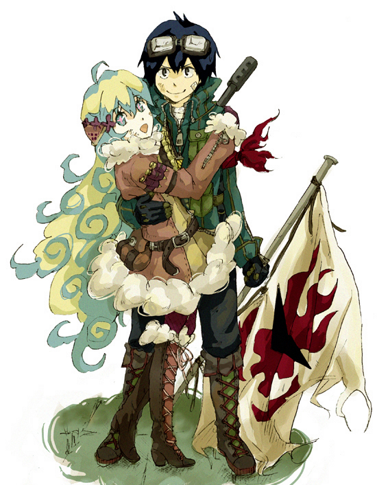 blue_hair, boots, curly_hair, flag, goggles, goggles_on_head, hold, holding