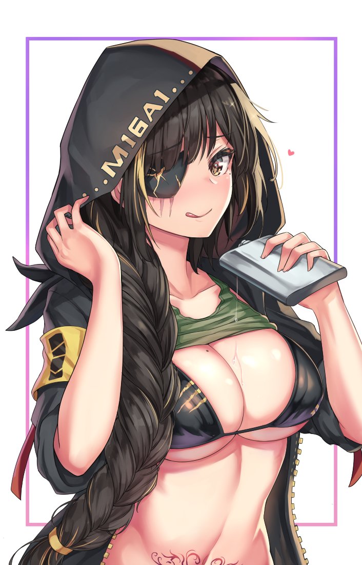1girl, alcohol, armband, bangs, bikini, black_bikini, black_hair, blonde_hair