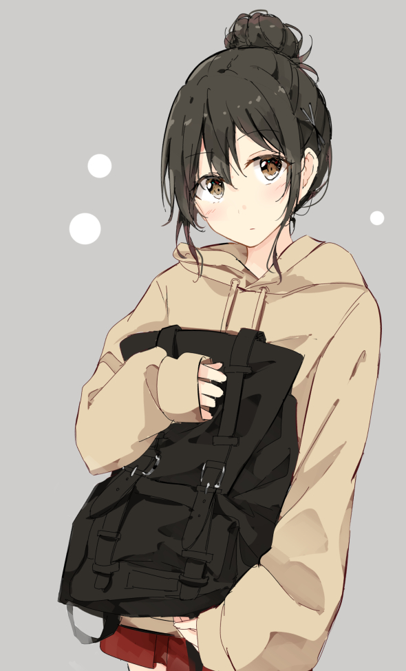 1girl, bangs, beige_hoodie, black_backpack, black_hair, brown_eyes, drawstring, expressionless