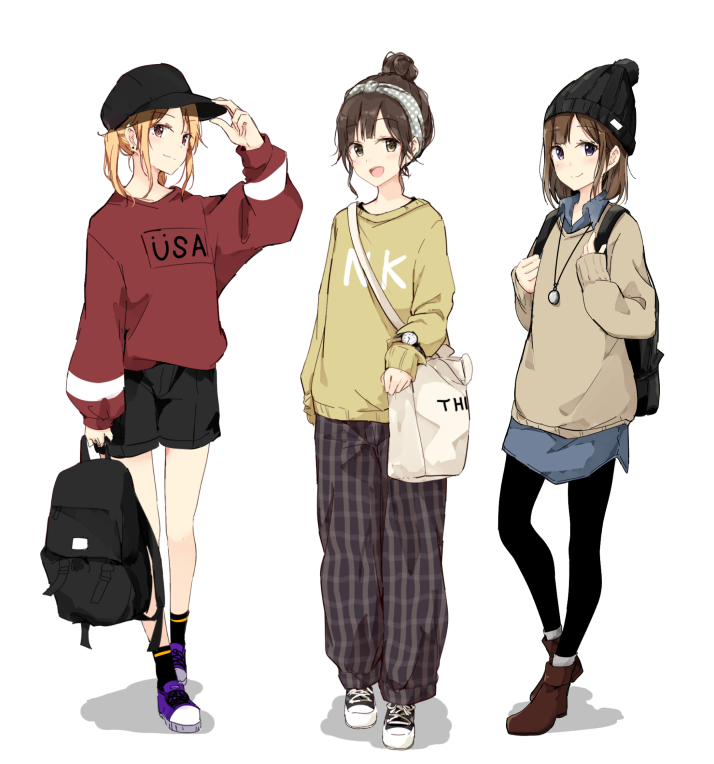3girls, :d, adjusting_clothes, adjusting_hat, bag, bangs, baseball_cap, beanie
