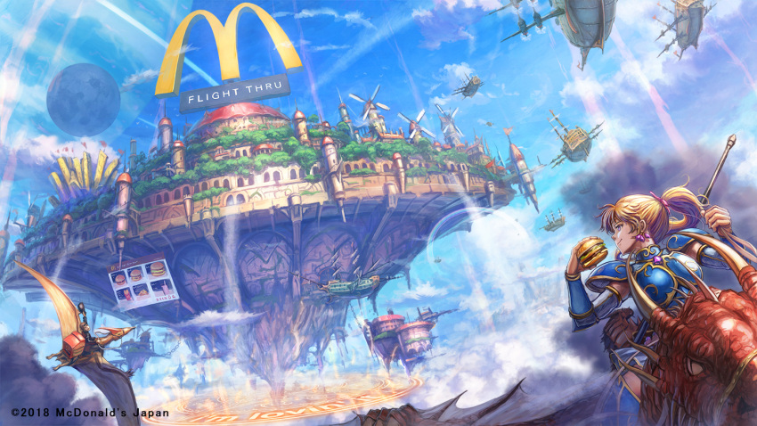 1boy, 1girl, above_clouds, aircraft, airship, armor, blonde_hair, blue_sky