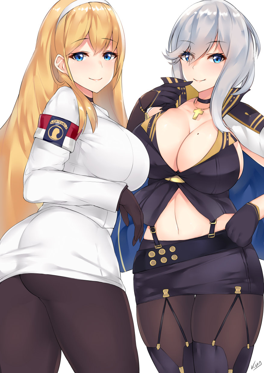 2girls, armband, ass, azur_lane, bangs, belt, black_choker, black_gloves