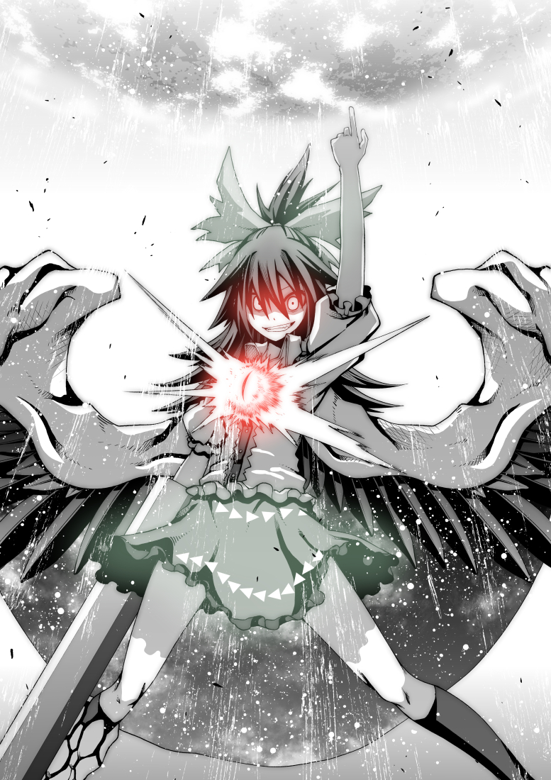 1girl, akaneharu_ohkami, arm_cannon, asymmetrical_legwear, black_wings, cape, fireball, glowing, glowing_eyes, greyscale, grin, monochrome, pointing, pointing_up, red_eyes, reiuji_utsuho, skirt, smile, spot_color, third_eye, touhou, weapon, wings