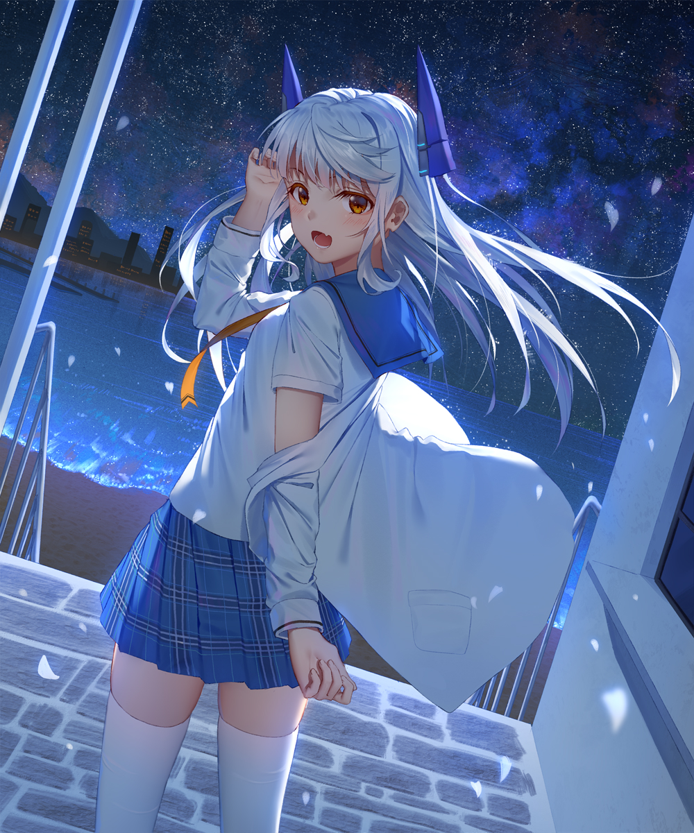 1girl, arm_up, bangs, blue_sailor_collar, blue_skirt, blush, brown_eyes, cityscape