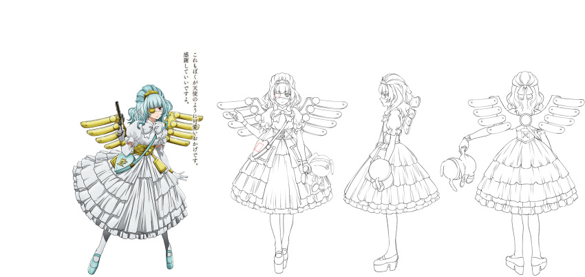 androgynous, antique_firearm, bandage, bangs, blue_hair, blunt_bangs, bow, bracer
