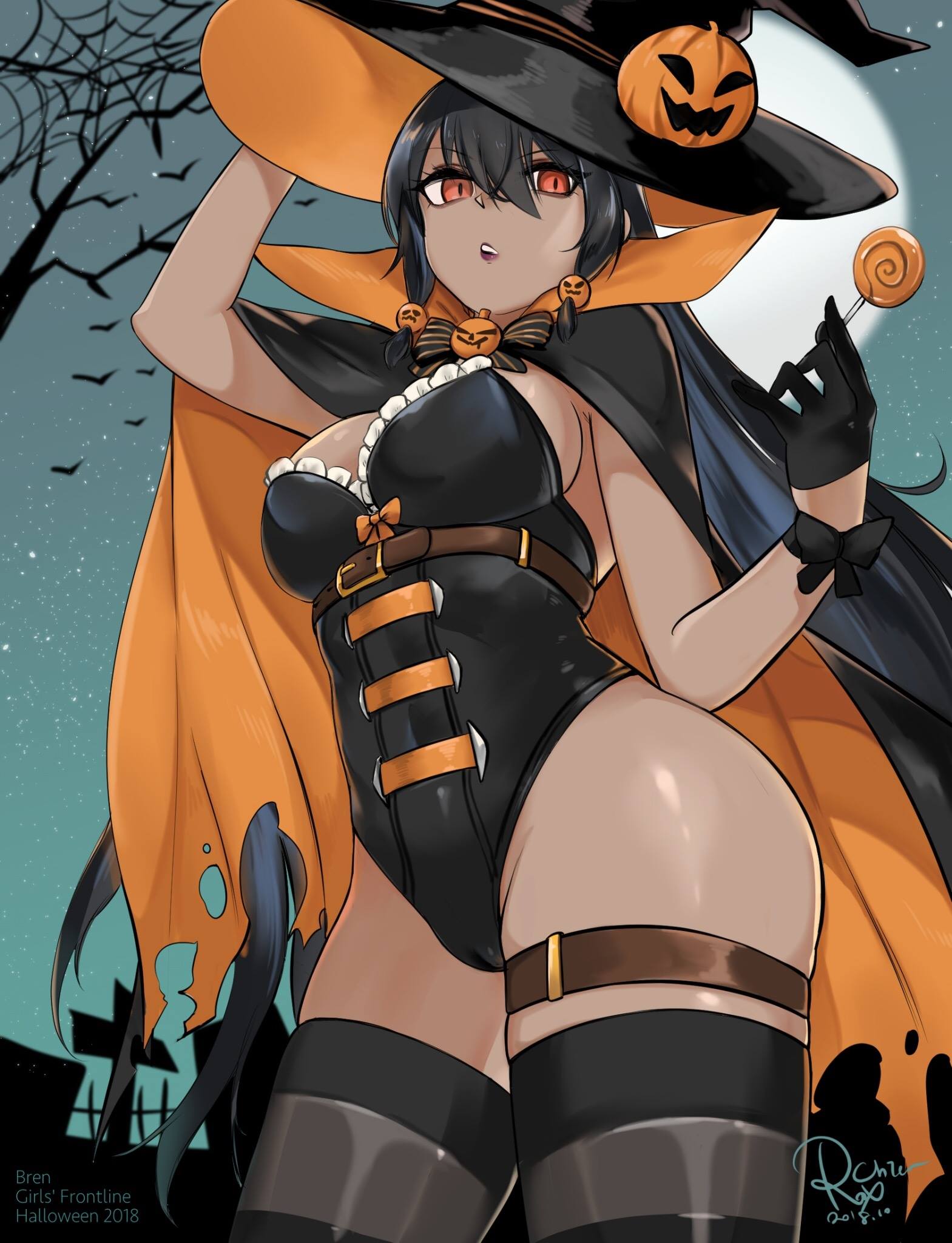 1girl, alternate_costume, bare_tree, black_hair, bren_(girls_frontline), candy, cape, commentary, corset, dark_skin, eyebrows_visible_through_hair, food, food_themed_hair_ornament, from_below, girls_frontline, hair_ornament, halloween, hat, highres, leotard, lollipop, long_hair, looking_down, moon, orange_eyes, pumpkin_hair_ornament, rox, silk, skindentation, solo, spider_web, strap, thigh-highs, thighs, tree, very_long_hair, witch_hat