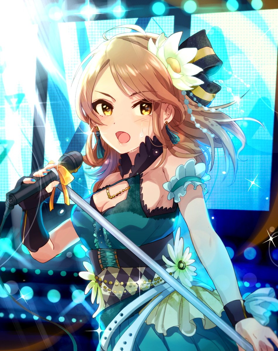 1girl, anaroguya, arm_strap, bangs, black_gloves, breasts, brown_hair, cleavage