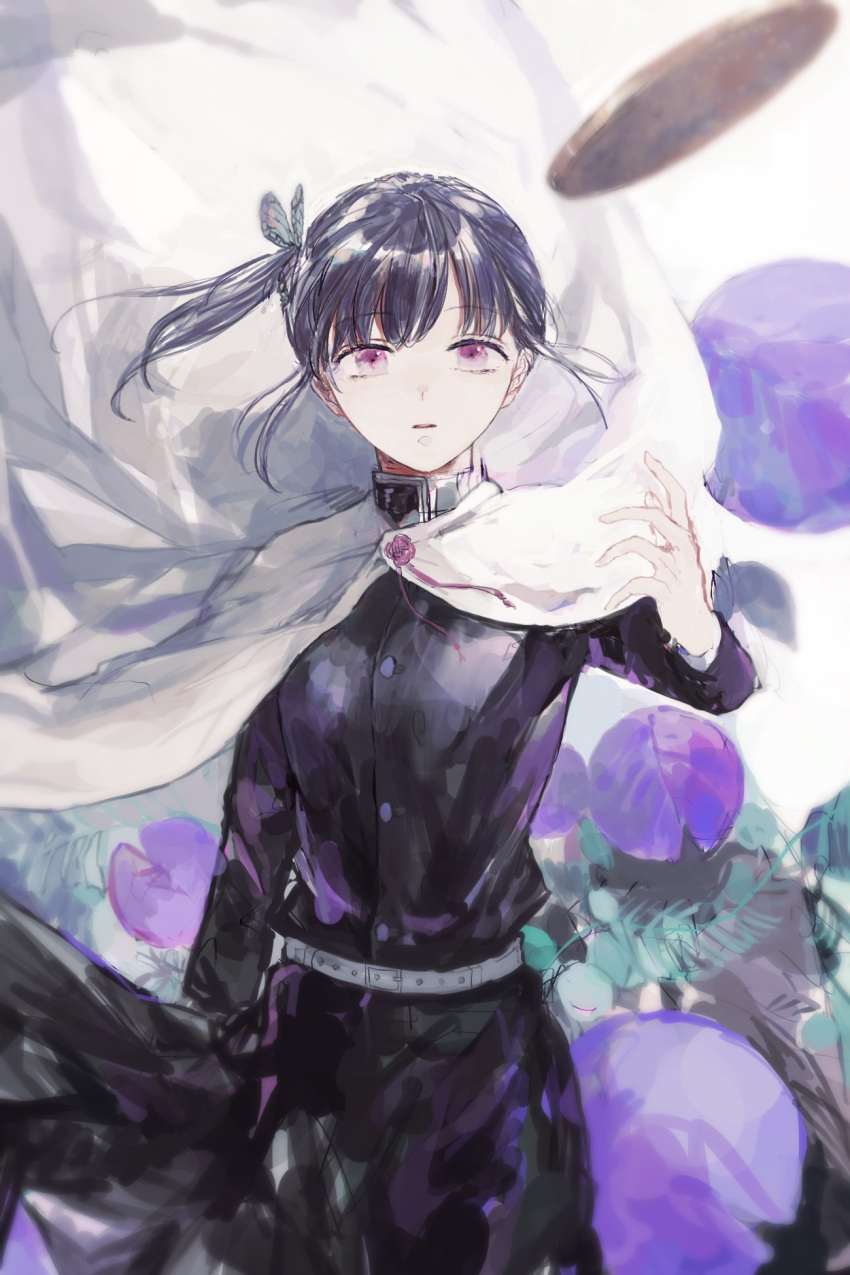 1girl, black_hair, black_jacket, black_skirt, butterfly_hair_ornament, floating_hair, hair_ornament, highres